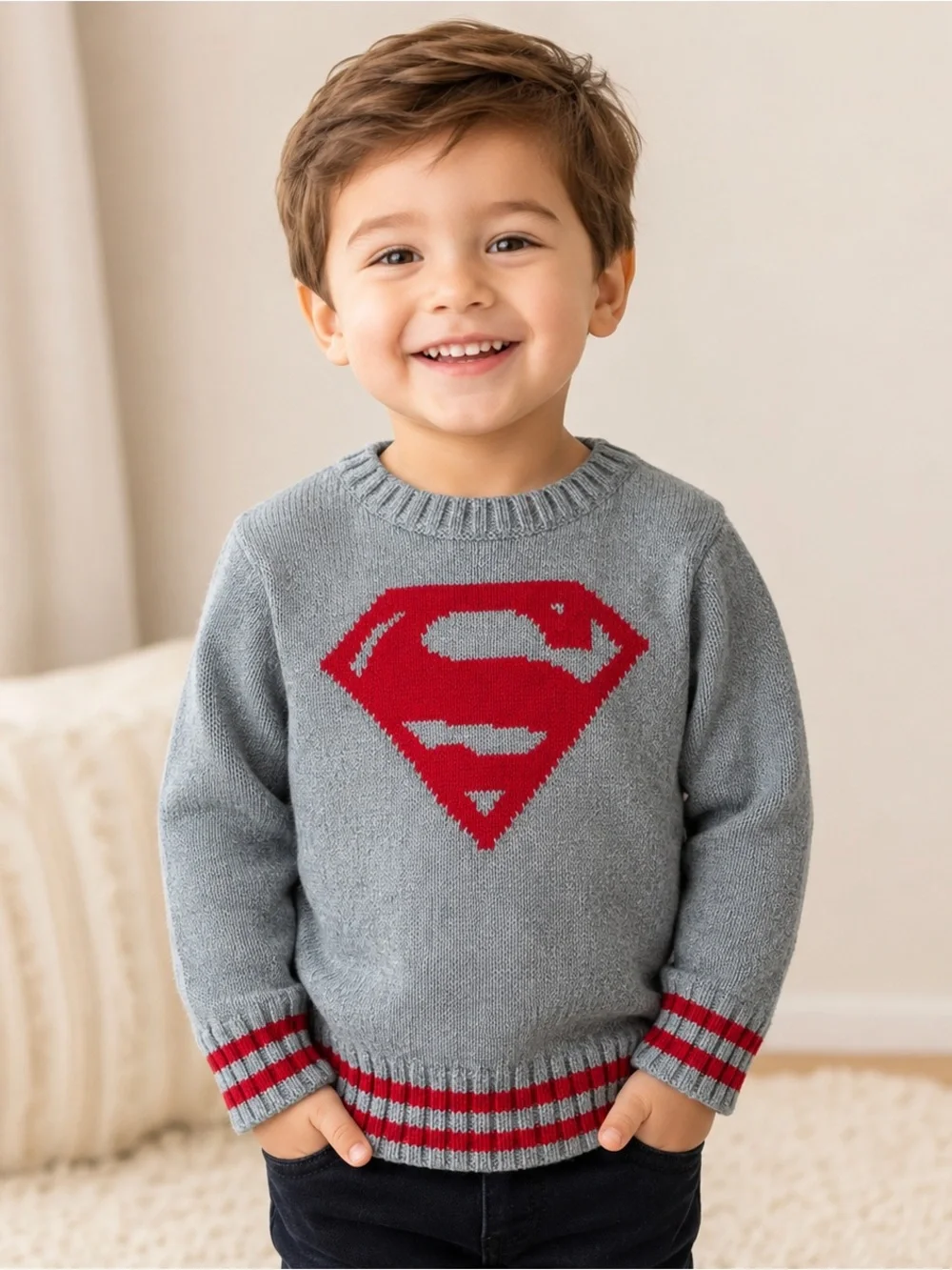 BabyGap x Junk Food Superman Gray Knit Sweater Boys 3T Red Logo DC Comics #1328